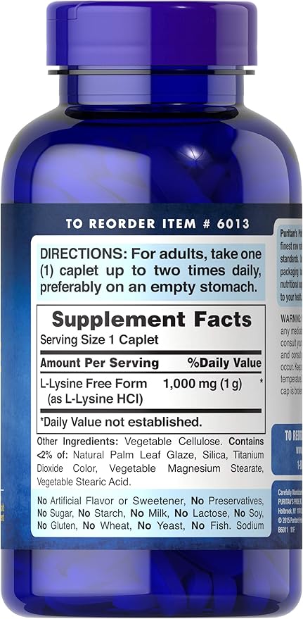 Puritan's Pride L-Lysine 1000 mg-250 Coated Caplets (6013) | Skin Brightening Caplets | Vegetarian Amino Acid Supplement | Gluten Free and Soy Free | Skin Healthy Supplement