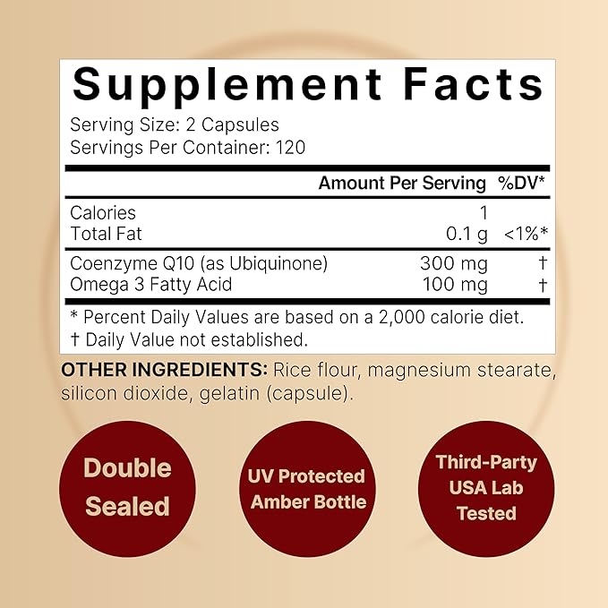 CoQ10 (Ubiquinone) 300mg with Omega 3, 240 Capsules - 120 Day Supply | Stable High Absorption Form – Antioxidant Support for Heart & Energy Health – Extra Strength Coenzyme Q10 Supplement