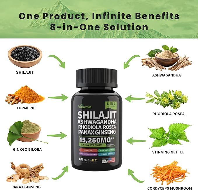 Shilajit and Ashwagandha Capsules, 8-in-1 Herbal Multivitamin for Men and Women, with Rhodiola Rosea, Ginseng, and Stinging Nettle, Shilajit for Men and Women