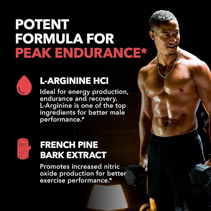 L-Arginine 1800mg and Pine Bark Extract 100mg - Nitric Oxide Supplement for Men - Performance Supplement for Men's Health - 90 Count - Endurance, Recovery Support - Vegan, Non-GMO Capsules