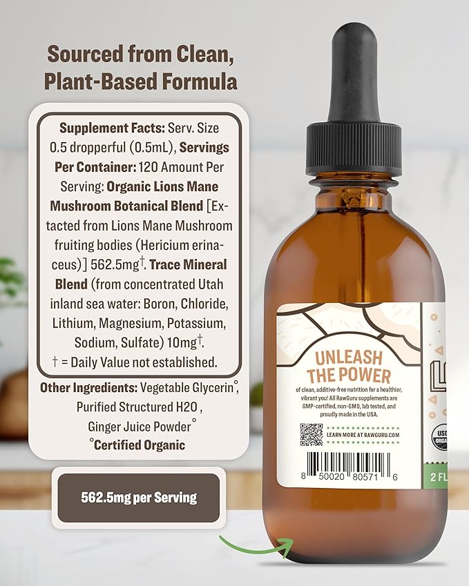 RawGuru Lion's Mane Mushroom Tincture - Vegan Lion's Mane Extract with Trace Minerals - Nano-Processed Immunity Boost & Cognitive Supplement - 120 Servings of Vegan Drops per 60 ml, Pack of 1