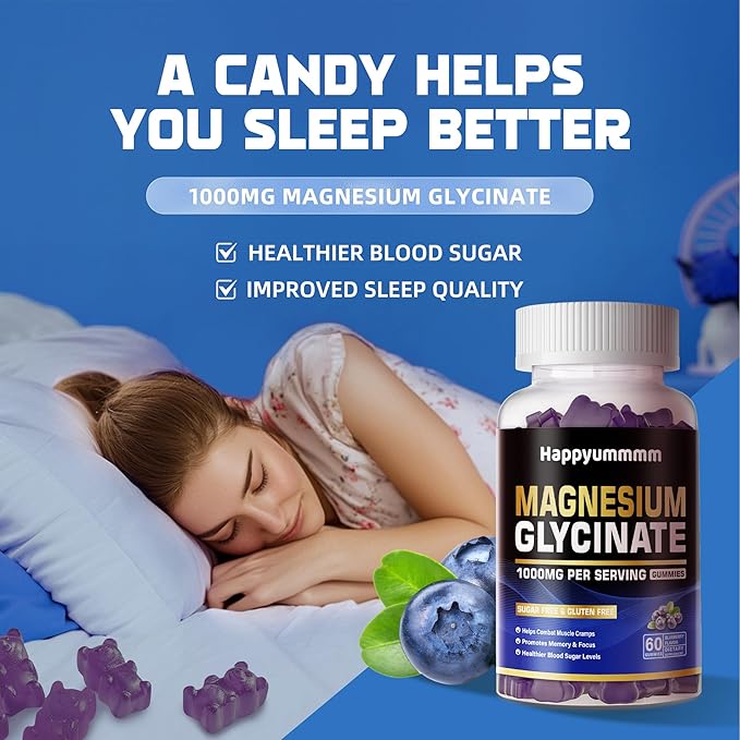 Magnesium Glycinate Gummies 1000mg - Sugar Free Magnesium Potassium Supplement with Vitamin D, B6, CoQ10 for Calm Mood & Sleep Support - 60 Blueberry Gummies