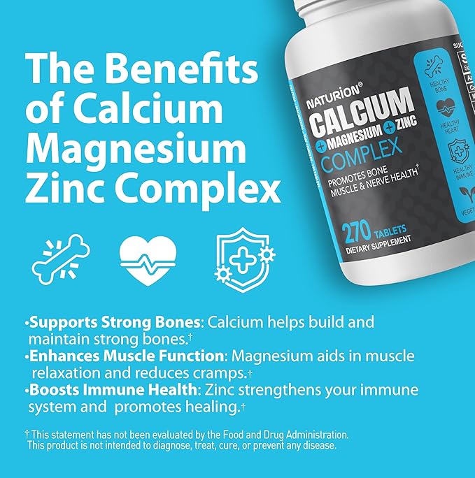 Calcium Magnesium Zinc Supplement - 3-in-1 Complex with 1000mg Calcium, 500mg Magnesium, 10mg Zinc - Bone, Muscle & Immune Support - 270 Tablets, 90 Day Supply