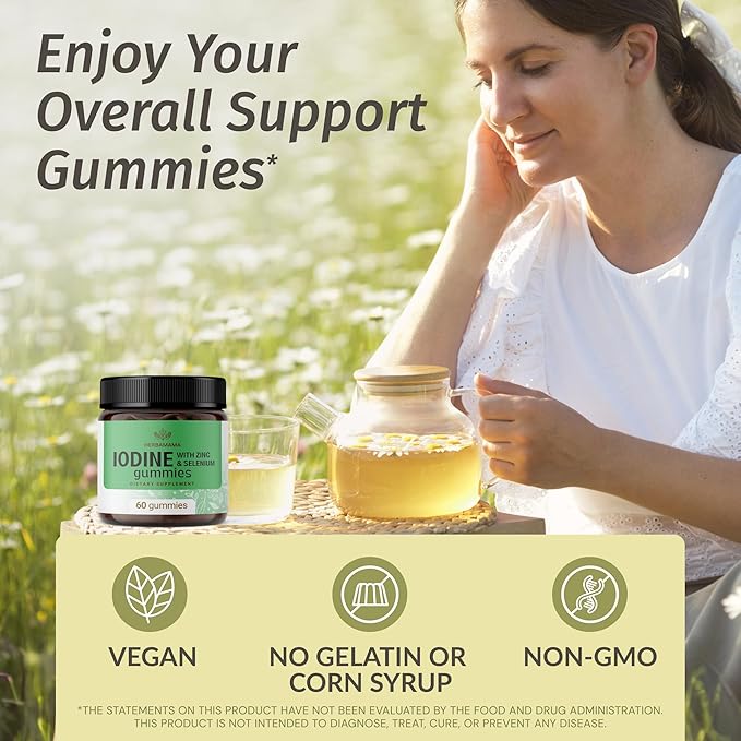 HERBAMAMA Iodine Gummies - Potassium Iodine, Zinc & Selenium for Immune Defense & Brain Support - Vegan, Non-GMO Immune Support Supplement - 60 Pectin-Based Apple-Flavored Chews