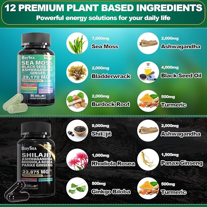 Boysea.Shilajit and Sea Moss Bundle - 90 Count - Sea Moss 7000mg, Black Seed Oil 4000mg, Ashwagandha 2000mg, Ginger & Shilajit 9000mg, Rhodiola Rosea 1000mg, All in 1 Supplements (2 Pack)