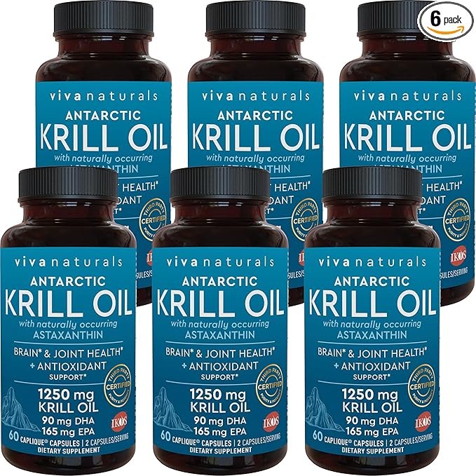 Antarctic Krill Oil 1250 mg, Omega 3 EPA DHA and Astaxanthin, Joint Support and Brain Supplement with Antioxidant Properties, No Fishy Aftertaste (6 Pack)