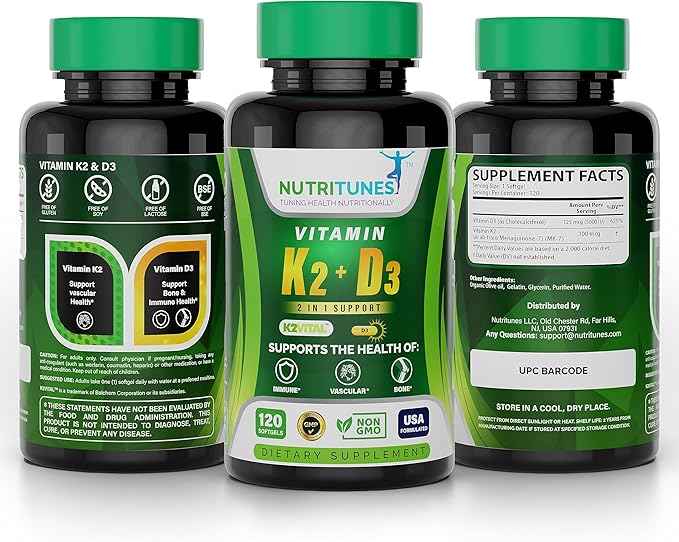 Vitamin K2 + D3 - Supports Heart, Bone & Immune Health - 100 mcg K2 (MK-7) & 5000 IU D3 - Non-GMO, Free from Gluten, Soy, & Lactose - 120 Softgels, 4-Month Supply