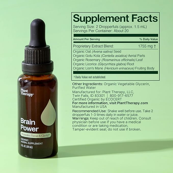 Plant Therapy Organic Brain Power Tincture 30 mL (1 oz) Supports Brain Focus & Clarity, Helps Mental Alertness & Memory, Brain Boost Supplement Packed with Benefits