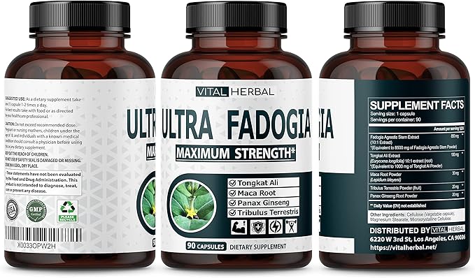 Fadogia Agrestis with Tongkat Ali Capsules for Maximum Strength with Ginseng Maca Root Tribulus - Boost Energy Muscle Buider (90 Count (Pack of 1))