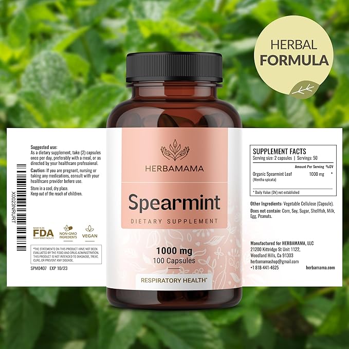 HERBAMAMA Spearmint Leaf Capsules - 1000mg Spearmint Leaves for Gut Cleanse & Digestive Support - Vegan Non-GMO Mentha Spicata Supplement 100 Caps