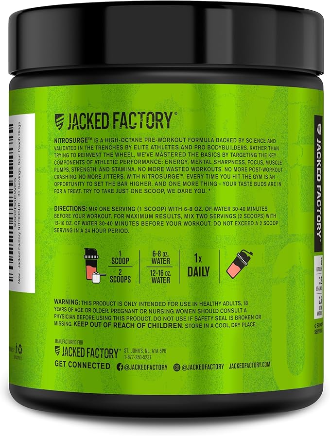 Jacked Factory NITROSURGE Pre Workout Supplement - Endless Energy, Instant Strength Gains, Clear Focus, Intense Pump - NO Booster & Preworkout Powder with Beta Alanine - 30 Servings, Sour Peach Rings