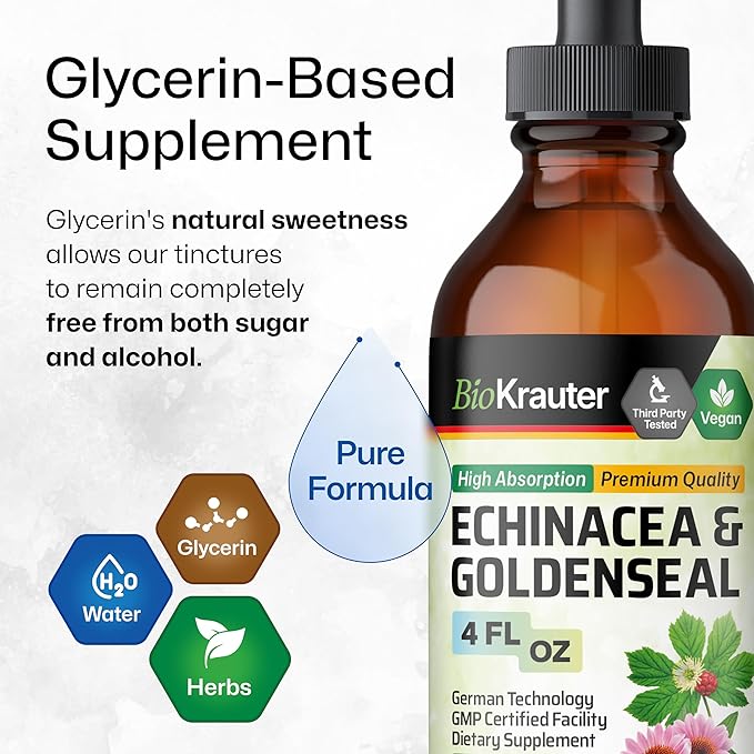 BIO KRAUTER Echinacea and Goldenseal Root Liquid Extract - Natural Immune Support - Echinacea Drops with Goldenseal - Vegan, Alcohol & Sugar Free Tincture - 4 Fl.Oz.