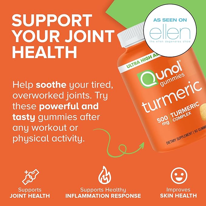 Qunol Turmeric Gummies, Gummy with 500mg Turmeric Curcumin, Joint Support Supplement, Ultra High Absorption Tumeric Curcumin, Vegan, Gluten Free, 90 Count