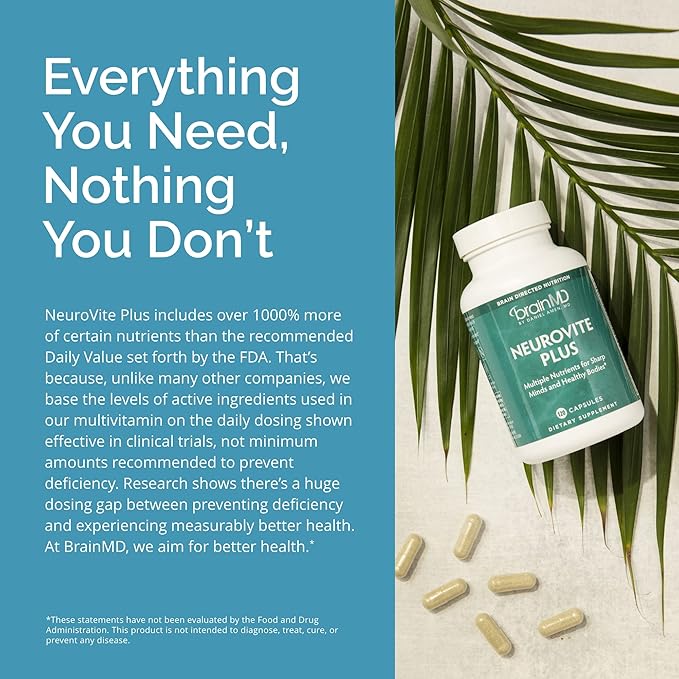 Dr Amen BrainMD NeuroVite Plus - 120 Capsules - Multivitamin & Mineral Supplement, Enhanced with Phytonutrients, Enzymes & Whole Foods - Gluten Free - 30 Servings
