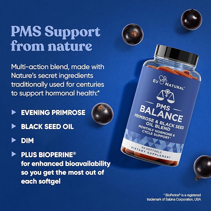 Eu Natural Balance PMS Vitamins for Women - Hormone Balance for Women, Menstrual Support - Primrose Oil, Black Seed Oil & DIM - 60 Liquid Softgels