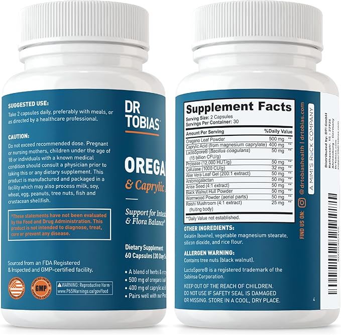 Dr. Tobias Oregano and Caprylic Acid Blend and Probiotics for Women - Supports Gut, Immune, and Urinary Health, Non-GMO