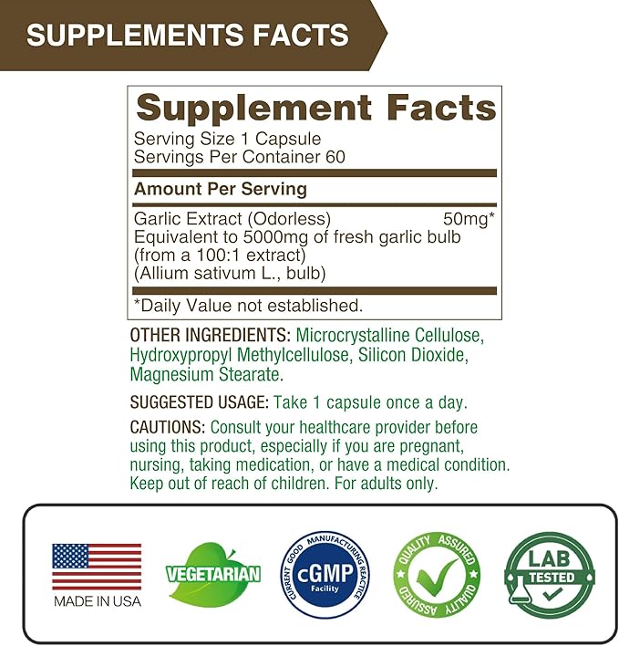 Lovita Odorless Garlic Extract, 50mg 100:1 Concentrate, High Potency, 1.25% Allicin, Gluten-Free, Supports Immune & Cardiovascular Health, 60 Vegan Capsules (Pack of 5)