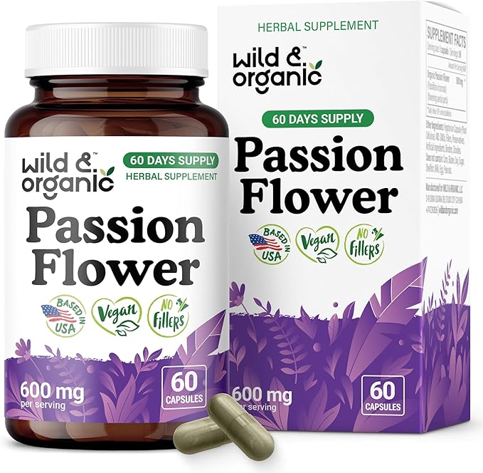 Wild & Organic Passion Flower Capsules 600 mg - Relaxation & Mood Support - Passionflower Extract Supplement - Passiflora Incarnata Herb - Vegan, No Fillers, Non-GMO - 60 Count