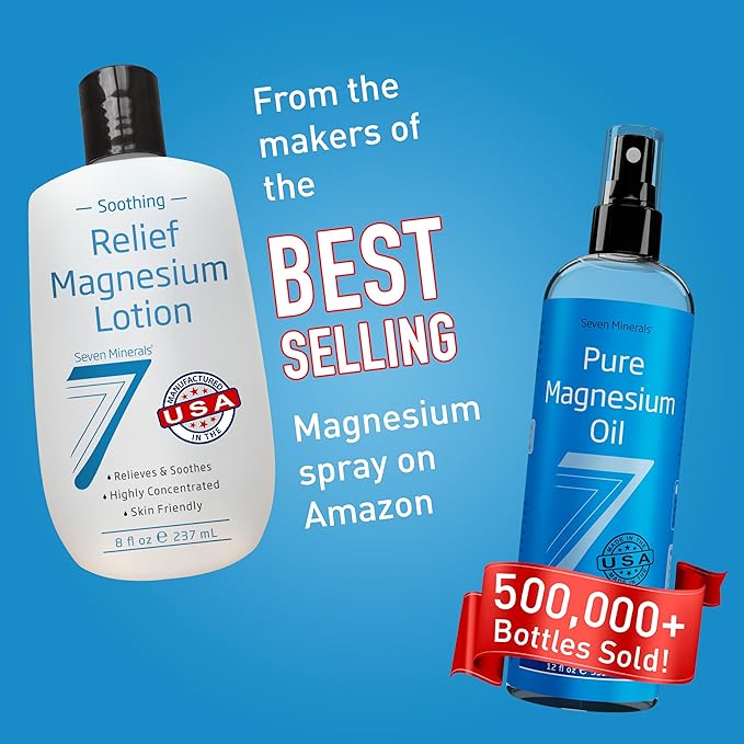 Seven Minerals Magnesium Lotion for Sleep, Soothing Relief & Relaxation - Highly Concentrated Magnesium for Better Sleep, Feet & Joint Care. Non-Greasy Lotion with Skin Friendly Ingredients - 8 fl oz