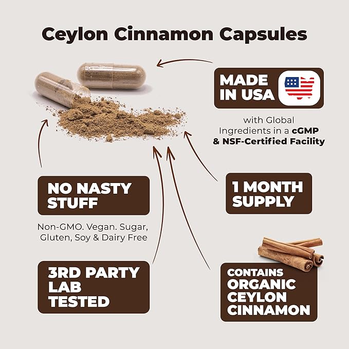 Organic Ceylon Cinnamon Capsules - Ceylon True Cinnamon Supplements (Canela de Ceylan) for Inflammation Balance, Cognitive Function, Metabolic, Antioxidant Support. Non-GMO. Vegan. 60 Caps Made in USA