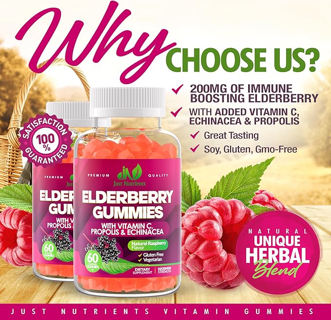 Elderberry Gummies with Vitamin C, Echinacea, Propolis (60 count) - Immune Support for Adults & Kids - Maximum Strength, Great Tasting Raspberry Flavor - Gluten-Free, Vegan - 60 Gummies