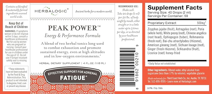 Peak Power Liquid Herb Drops - Stimulant-Free Natural Energy Formula to Combat Adrenal Fatigue & Improve Physical Stamina - Contains American Ginseng & Astragalus - 4 Fl. Oz.