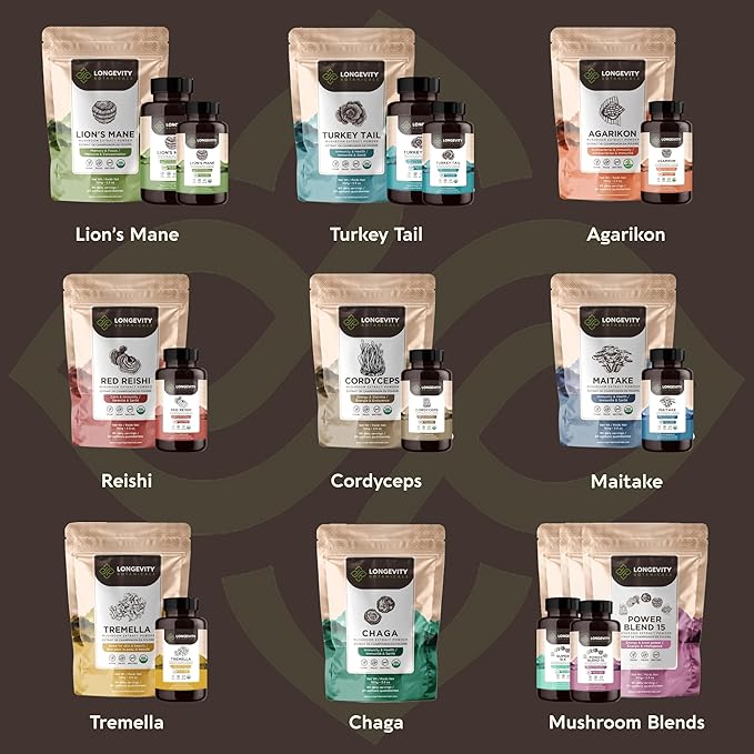 Longevity Botanicals Super Six Organic Mushroom Blend 100g | Reishi, Lion’s Mane, Chaga, Cordyceps, Tremella & Turkey Tail | Extract Powder Mix | 10:1 Ratio | 100% Fruiting Bodies | Mushroom Complex