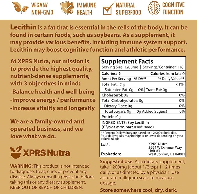 XPRS Nutra Soy Lecithin Powder Food Grade Fat Emulsifier - Suitable for Cooking, Baking and More - Vegan Friendly Soy Lecithin Powder Cooking Aid (8 Ounce)