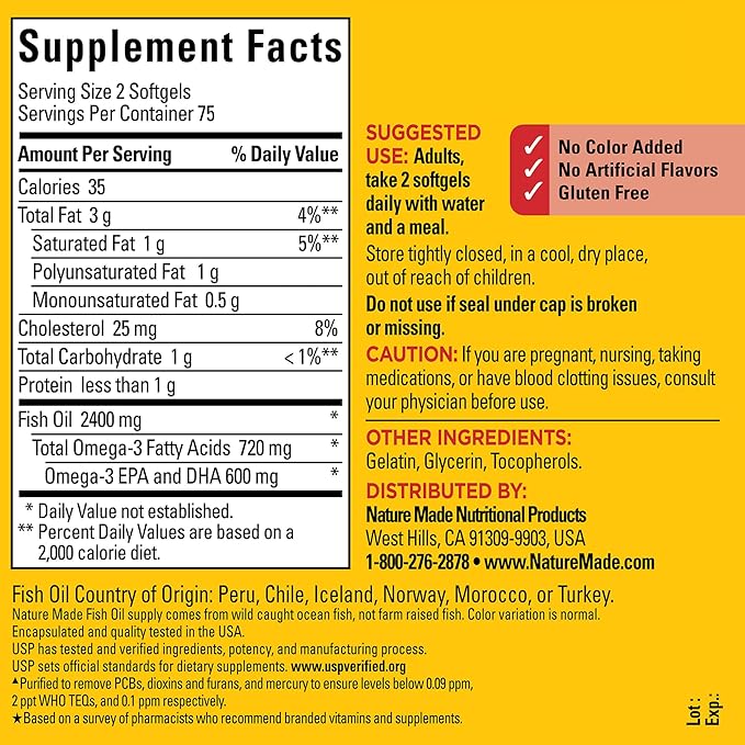 Nature Made Fish Oil Omega 3 Supplements, 1200 mg Softgels, Omega 3 Fish Oil for Healthy Heart Support, 150 Softgels, 75 Day Supply