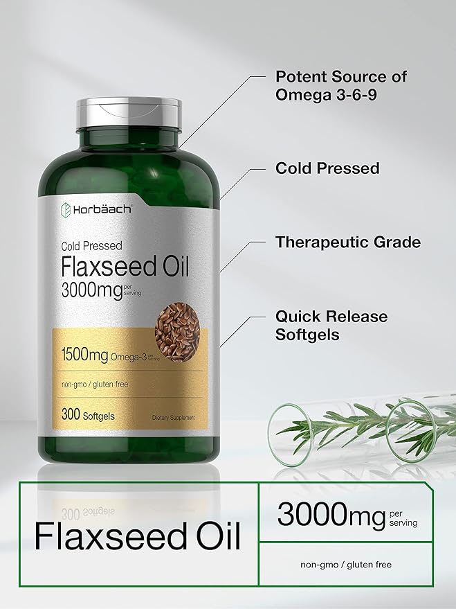 Horbäach Flax Seed Oil Softgels 3000mg | 300 Capsules | Cold Pressed | with Omega 3 6 9 | Alpha-Linolenic, Linoleic, and Oleic Acid | High Potency | Non-GMO & Gluten Free Supplement