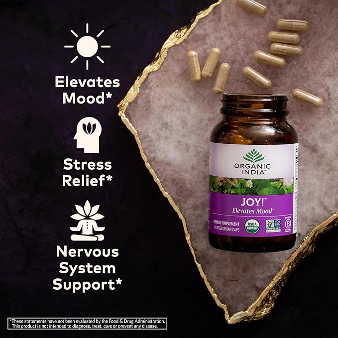ORGANIC INDIA Joy Herbal Supplement - Immune Support, Promotes Memory & Concentration, Vegan, Gluten-Free, Kosher, USDA Certified Organic, Non-GMO, Calming - 90 Capsules