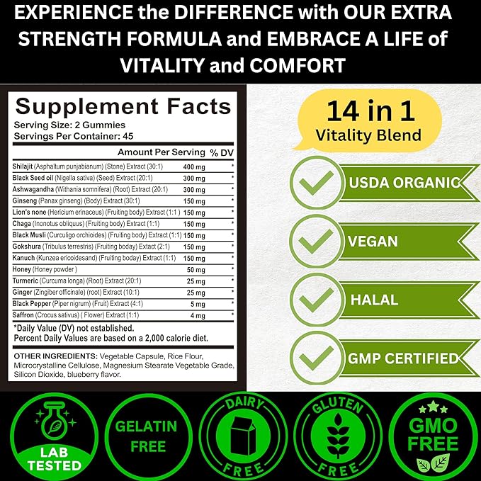 Organic Pure Himalayan Shilajit Gold Gummies for Men and Women, Black Seed Oil, Ashwagandha, Ginseng, Turmeric, Gokshura, Lion's None, Lab Tested,%75 Fulvic Acid, No Sugar Added, Halal, 90Gummy