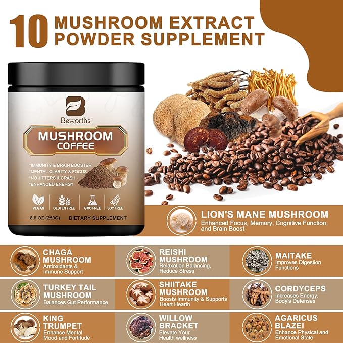 250g Mushroom Coffee - Lions Mane Mushroom Powder Instant Coffee with Lion's Mane, Reishi, Chaga, Cordyceps, Turkey Tail, Arabica - Mushroom Coffee Blend Support Gut, Focus, Brain Health