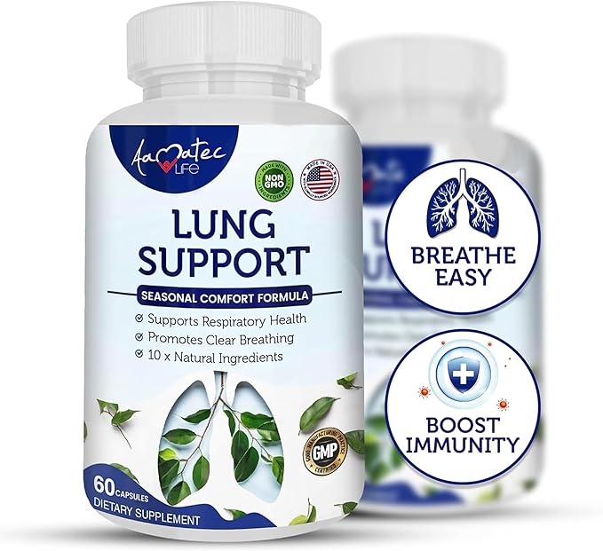 Lung Support Dietary Supplements Herbal Breathing Support 10 Active Ingredients Original Formula for Lung Health Lung Cleanse Formula Supplement for Bronchial System 60 Capsules Non GMO
