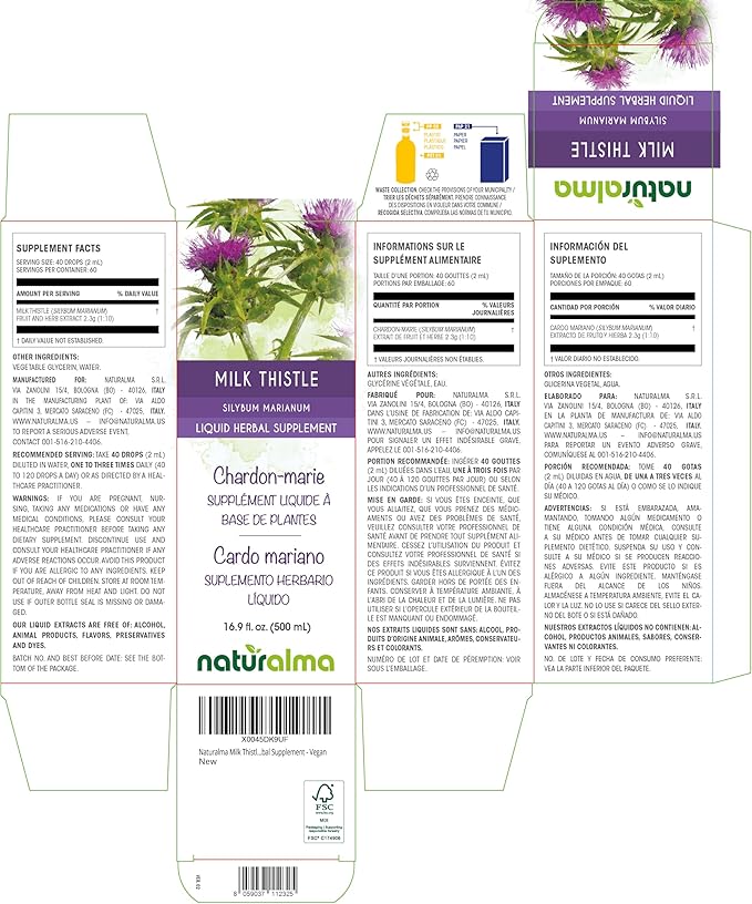 Naturalma Milk Thistle (Silybum marianum) Fruit and herb Alcohol-Free Tincture - 16.9 fl oz Liquid Extract in Drops - Herbal Supplement - Vegan