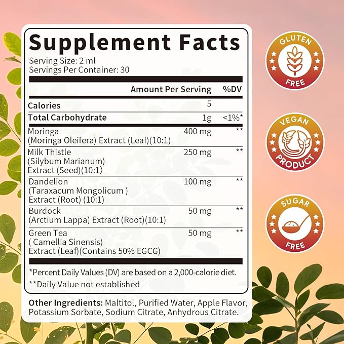 Moringa Milk Thistle Liquid Drops - Liver Health, Immune Support, Antioxidant Blend with Burdock, Green Tea & Dandelion - Moringa Capsules Alternative - Vegan, Apple Flavor,2 Fl Oz