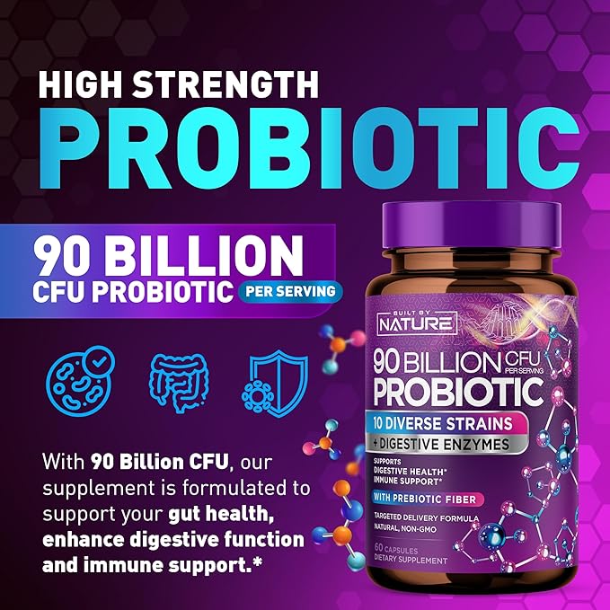 90 Billion CFU Probiotic - Daily Digestive Gut Health Supplement for Men & Women - Lactobacillus acidophilus, Bifidobacterium & Prebiotics - Non-GMO, Gluten & Dairy Free, Shelf-Stable - 60 Capsules