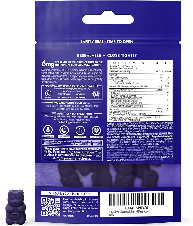 Sugarbear Sleep Gummy 14 Day Supply, Extra Strength Melatonin 6mg, for Men & Women, Vegan Vitamin B6, L-Theanine, 5 HTP, Valerian, Sleep Aid for Adults & Teens, Certified Kosher, Halal, Cruelty-Free