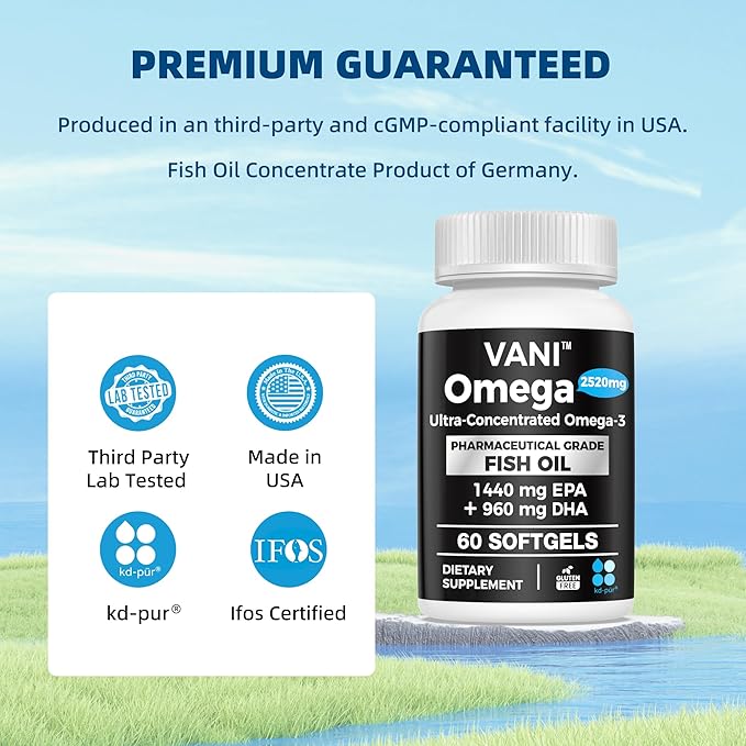 VANI Omega 3 Fish Oil - Pharmaceutical Grade - 2520mg with EPA & DHA, Made in USA with Premium Germany Fish Oil KD-PÜR® - 60 Softgels