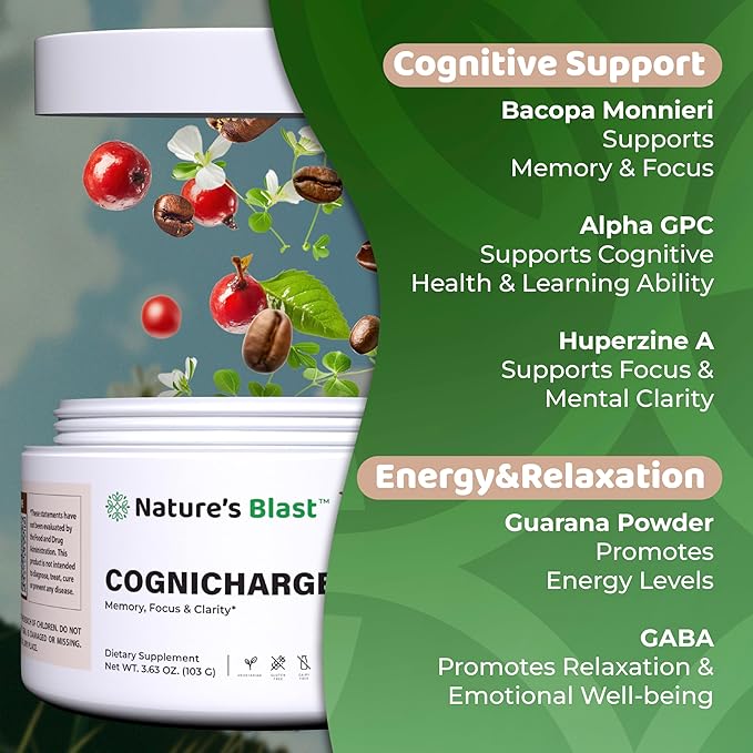 CogniCharge Brain Supplements for Memory, Focus & Clarity - with Bacopa Monnieri Extract, Guarana Powder, Niacin, L-Tyrosine, Alpha GPC, GABA & More - 3.63 Oz - 30 Servings - Cocoa Mist Flavor