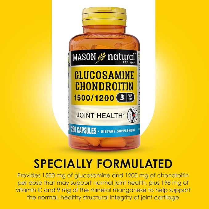 MASON NATURAL Glucosamine Chondroitin 1500/1200 3 Per Day with Vitamin C - Supports Joint Health, Improved Flexibility and Mobility*, 280 Capsules