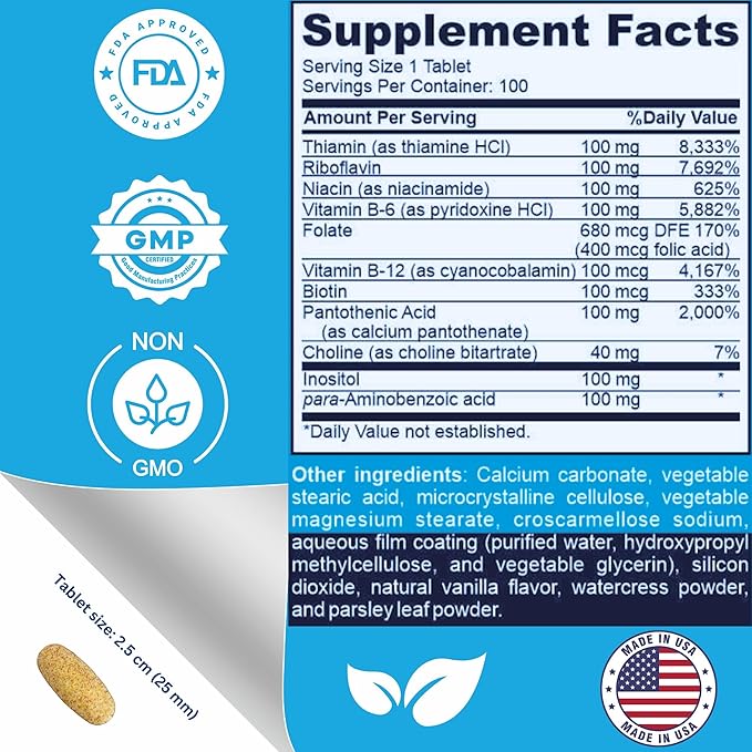 Super B-100 Complex – All B Vitamins Including B12, B1, B2, B3, B5, B6, B7, B9, Folate – High Potency B-Vitamins with Choline, Inositol & PABA – Energy & Metabolism Support – 100 Tablets
