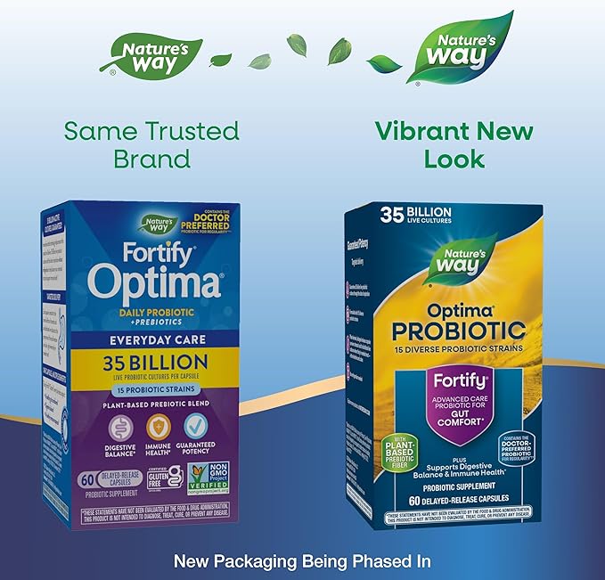 Nature's Way Fortify Optima Probiotic for Adults, 35 Billion Live Cultures, 15 Strains, Supports Digestive Balance and Immune Health*, No Refrigeration Required, 60 Capsules (Packaging May Vary)