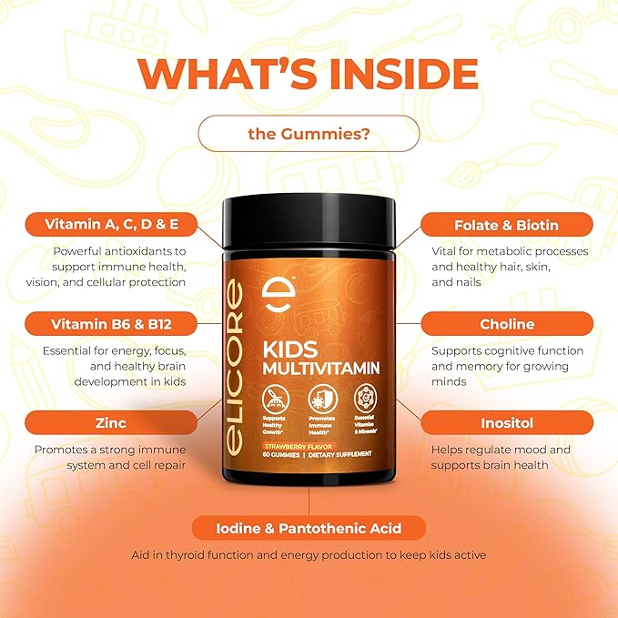 Kids Multivitamin Gummies – Strawberry Flavor – Immune & Growth Support with A, C, D, E, B6, B12, Zinc – Non-GMO, Gluten-Free – Chewable Vitamins for Kids 4+ – 60 Count