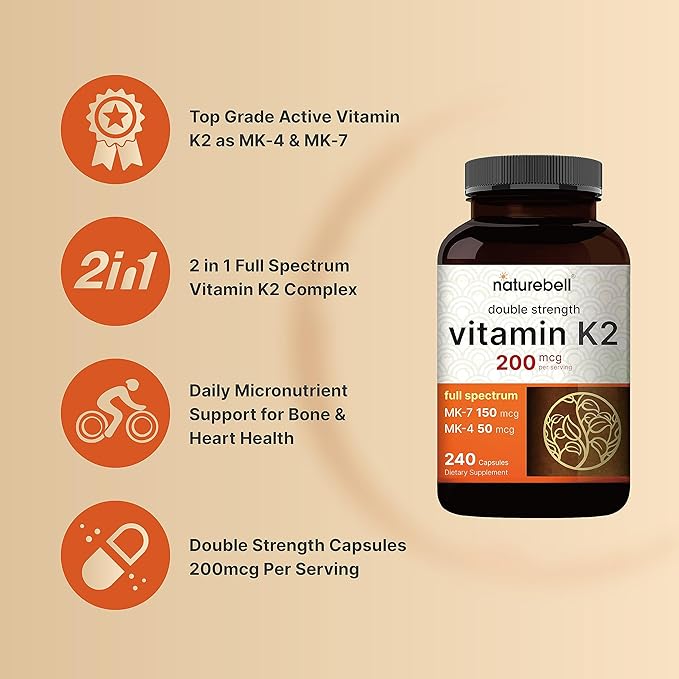 NatureBell Full Spectrum Vitamin K2 Supplement with MK-7 & MK-4, 200 mcg, 240 Capsules | 2 in 1 Formula, K Vitamins Complex – Supports Bone, Joint, and Heart Health – Non-GMO