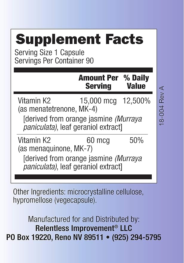 Vitamin K2 MK4 Plus MK7 Vegan Naturally-Derived Vege-Caps 90 Count