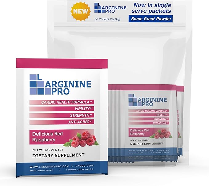 L-ARGININE PRO Supplement Powder | 60 Packets Single Serve Travel Size | 5,500mg of L-arginine Plus 1,100mg L-Citrulline, Raspberry