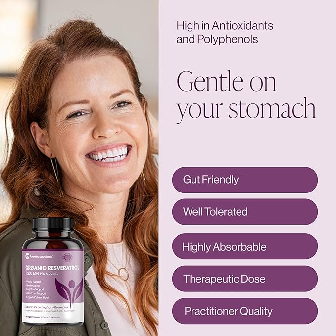 Organic Resveratrol Supplement – Trans-Resveratrol Capsules with Green Tea & Black Pepper – Highly Purified & Bioavailable - 90 Vegan Caps