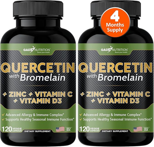 Gade Nutrition Quercetin with Vitamin C and Zinc - Quercetin 500mg - Quercetin with Bromelain - Zinc Quercetin - Quercetin Supplements + Vitamin D3 (Non-GMO, Gluten-Free, Vegan) - 4 Month Supply