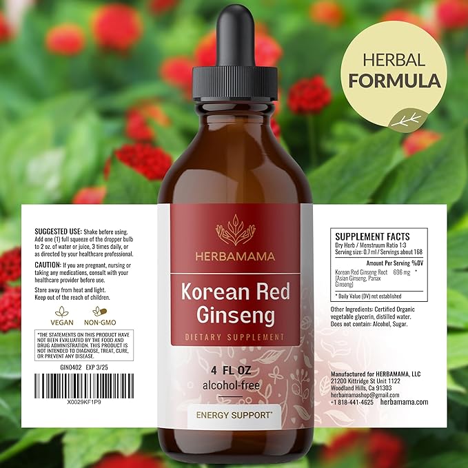 HERBAMAMA Korean Panax Ginseng Root Tincture - Vegan Red Ginseng Extract Liquid Drops for Energy Support - Non-GMO, Alcohol & Sugar-Free Immune Support Supplement, 56-Day Supply